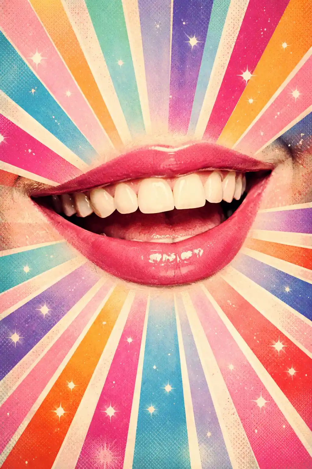 Smiling mouth with colorful prismatic rays in pop art style