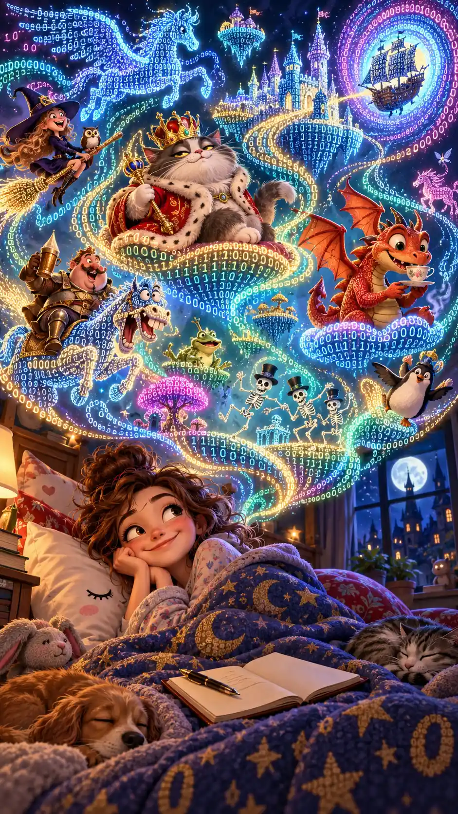 Colorful binary dreamscape with a crowned cartoon cat