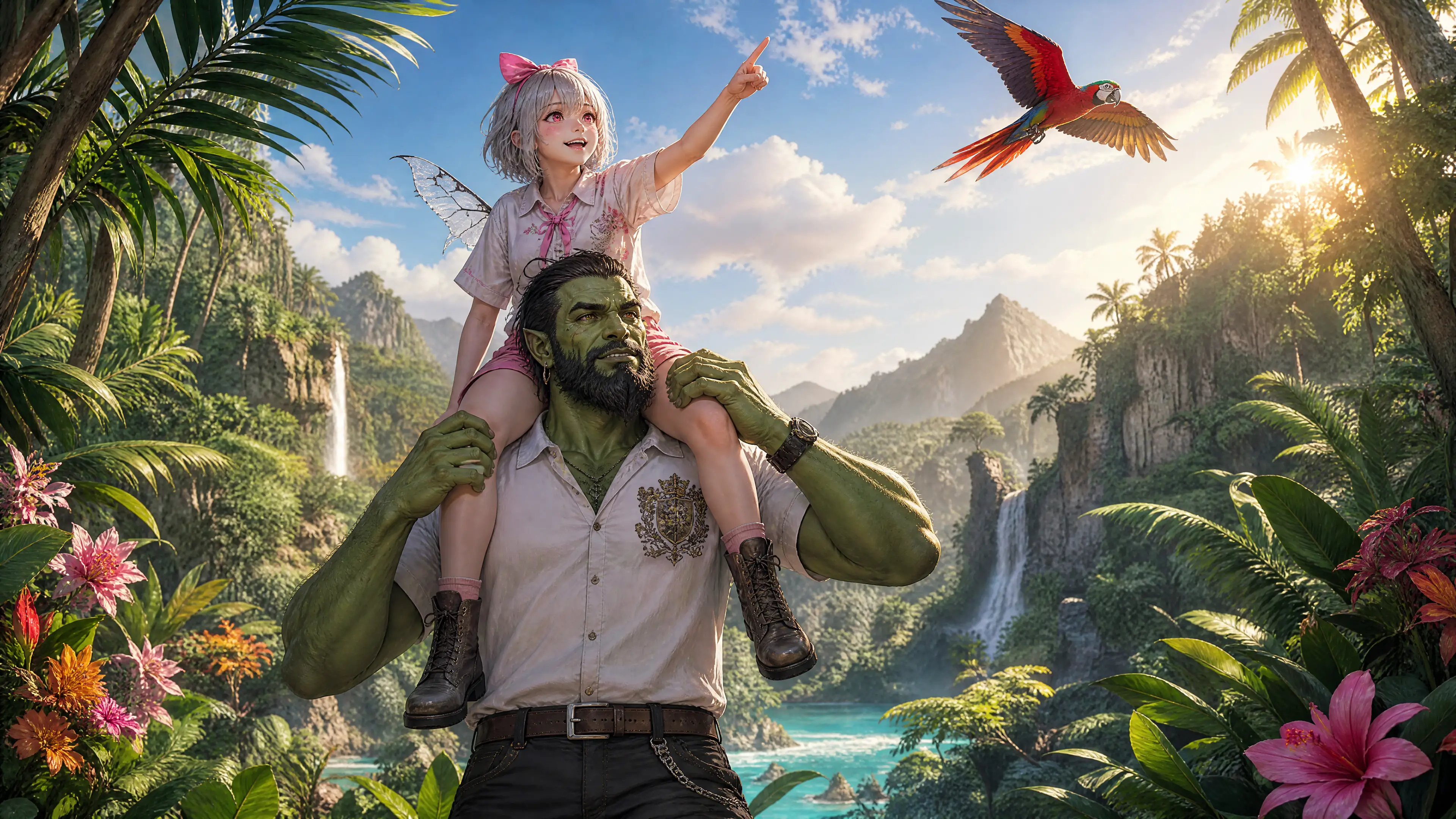 Mari orc soulevant sa femme joyeuse dans la jungle tropicale