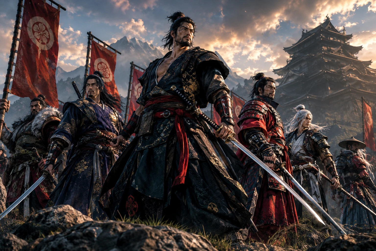 Guerriers majestueux posant avec des katanas avant une bataille légendaire