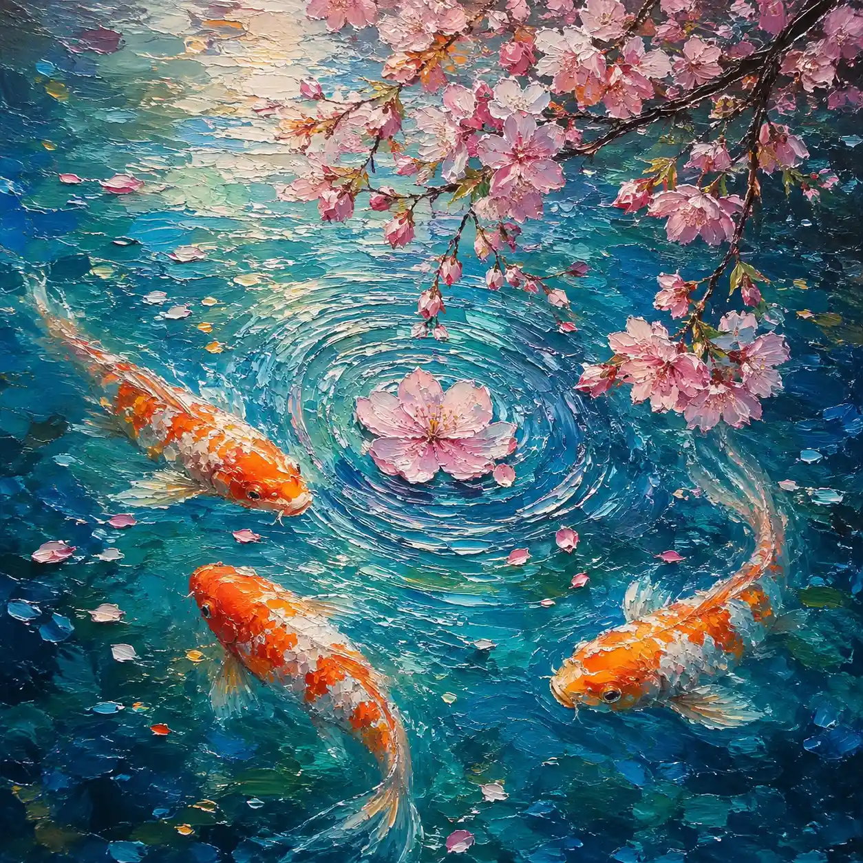 Impressionistischer Koi-Teich mit Kirschblüten und sanften Wellen