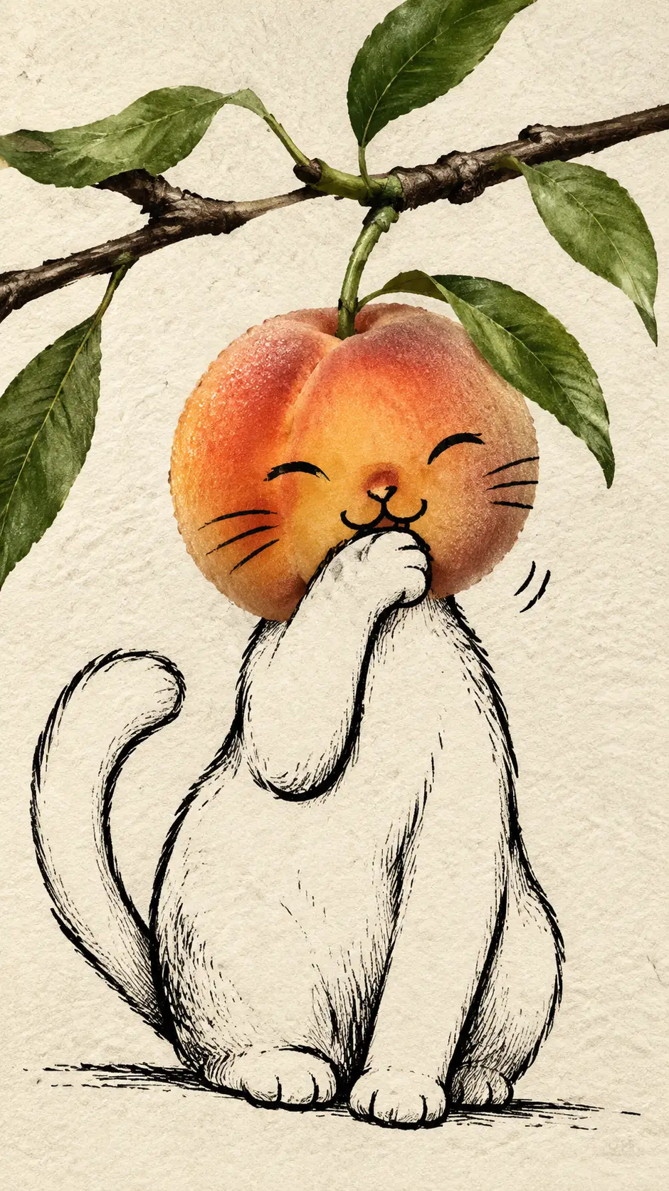 Gato em desenho animado com cabeça de pêssego em papel texturizado