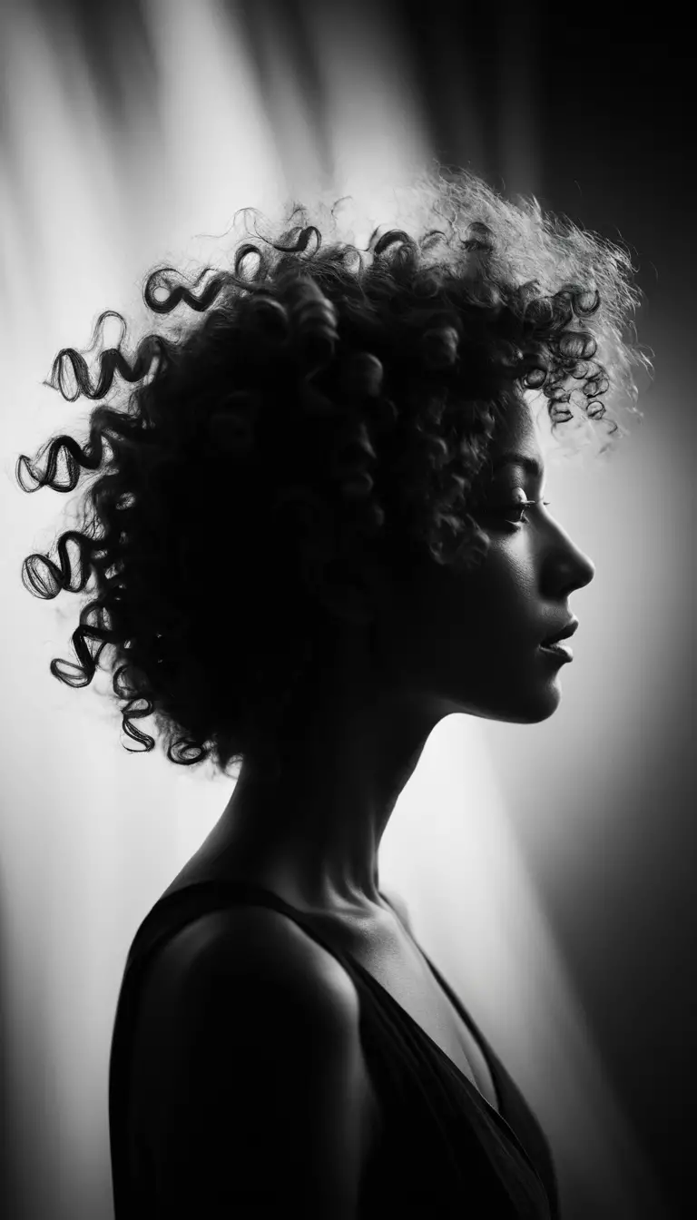 Black and white profile portrait of a woman in motion