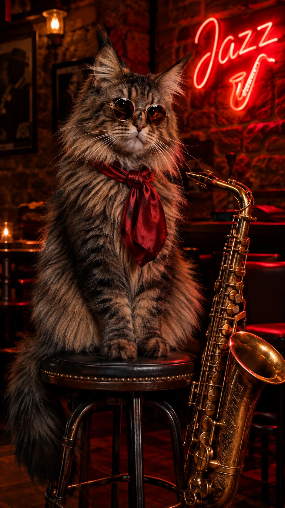 Maine-Coon-Katze mit Saxofon im stimmungsvollen Jazzclub