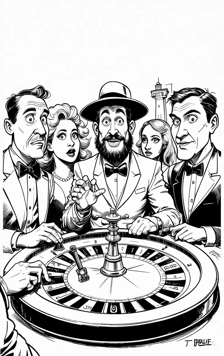 Foule de casino façon dessin animé autour d’une table de roulette animée