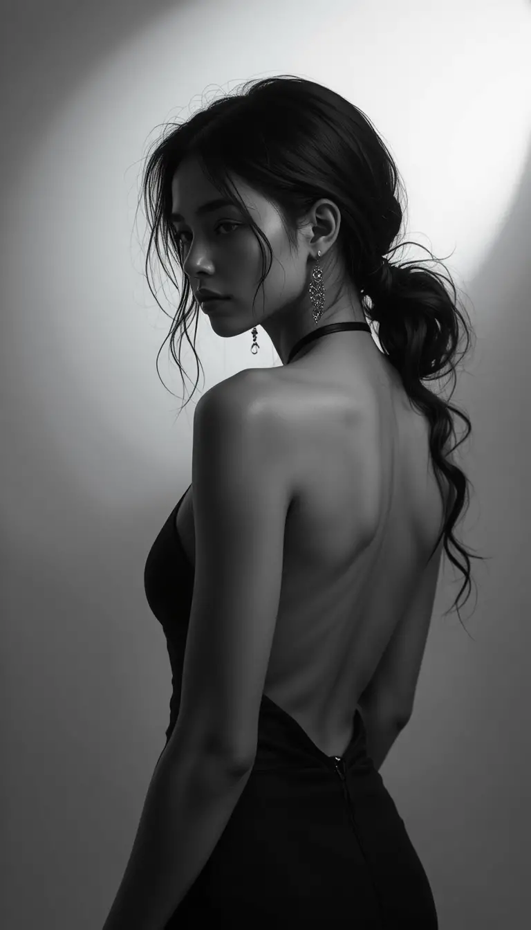 Retrato dramático en blanco y negro de una mujer de perfil