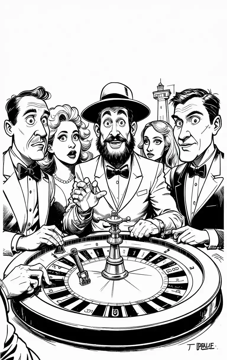 Foule de casino façon dessin animé autour d’une table de roulette animée