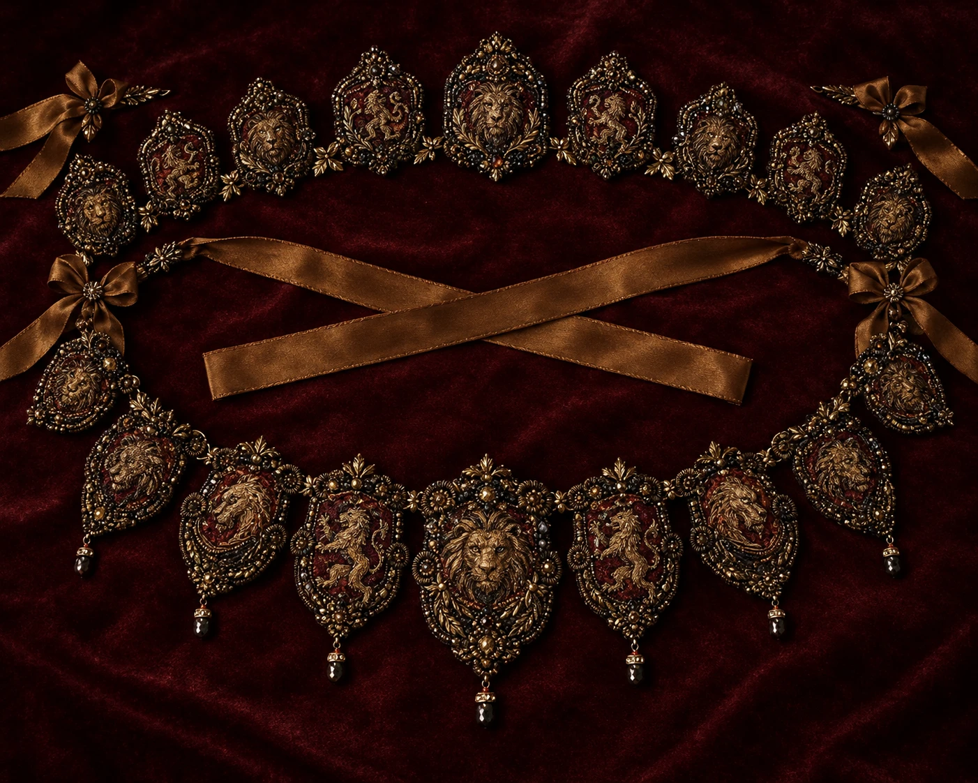 Ornate medieval chainmail armor on burgundy velvet background