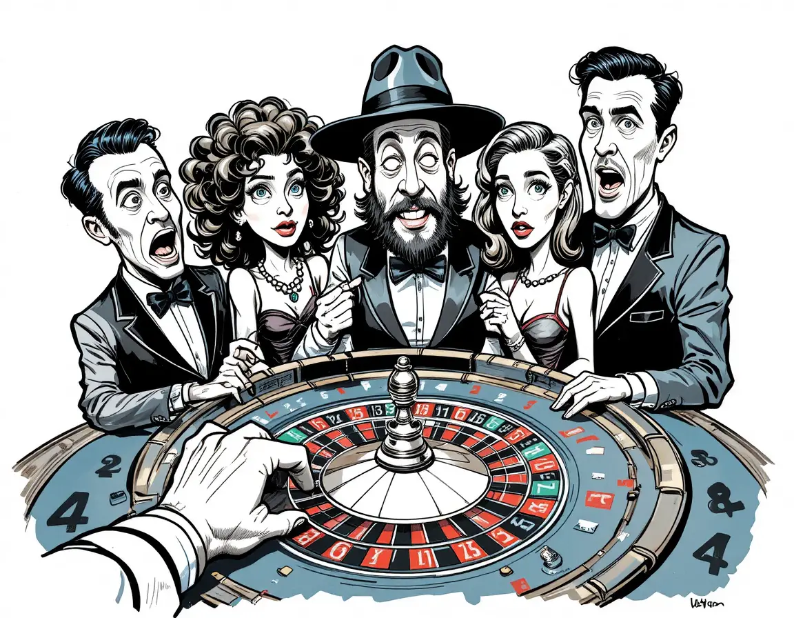 Scène de casino en dessin animé avec cinq personnes à une table de roulette