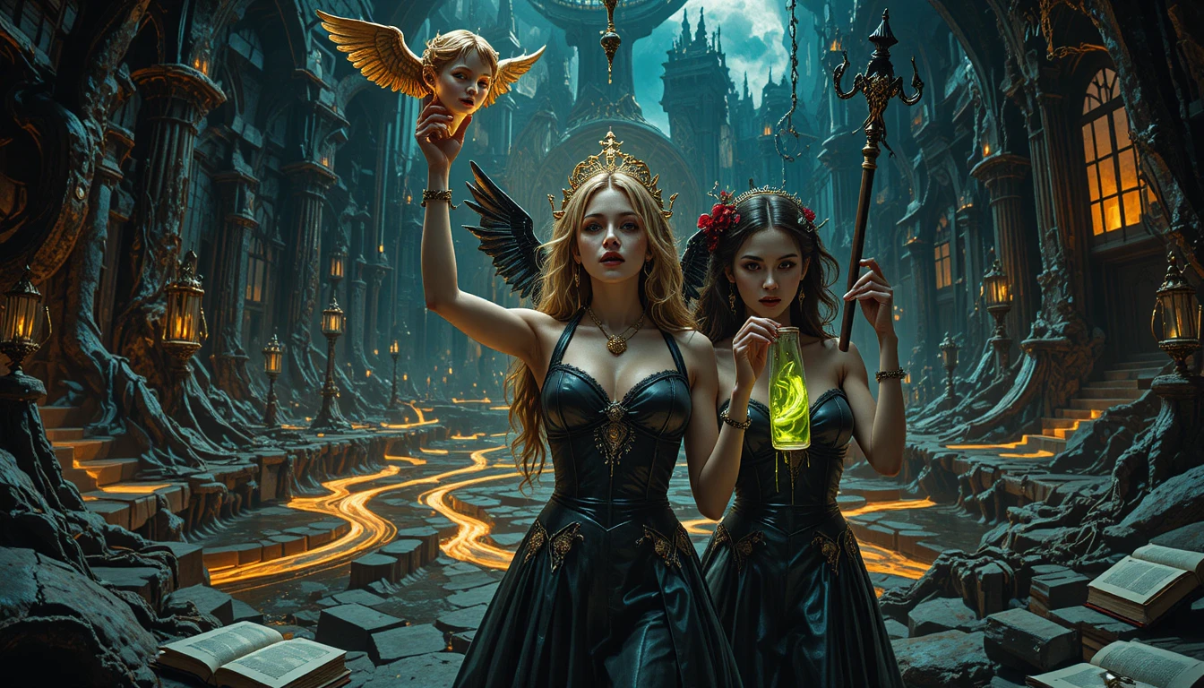 Muses triomphantes dans un enfer surréaliste d’or en fusion
