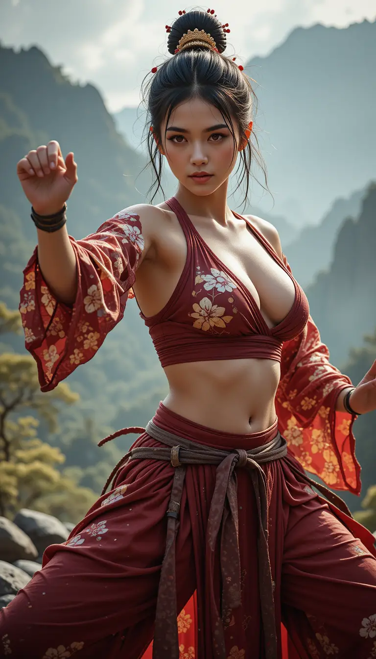 Mujer japonesa entrenando artes marciales en un entorno montañoso