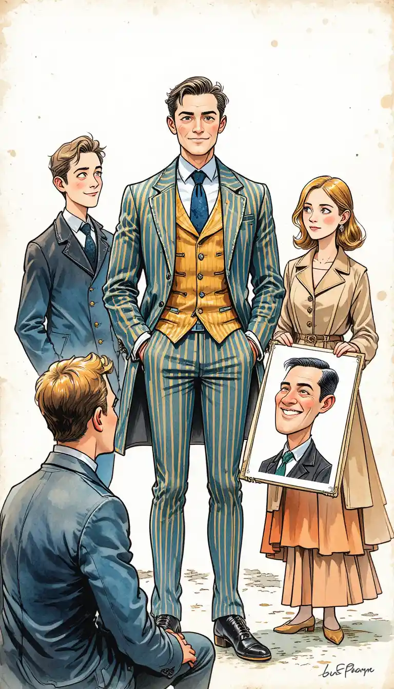 Hombre sonriente con traje y pareja divertida en estilo cómic