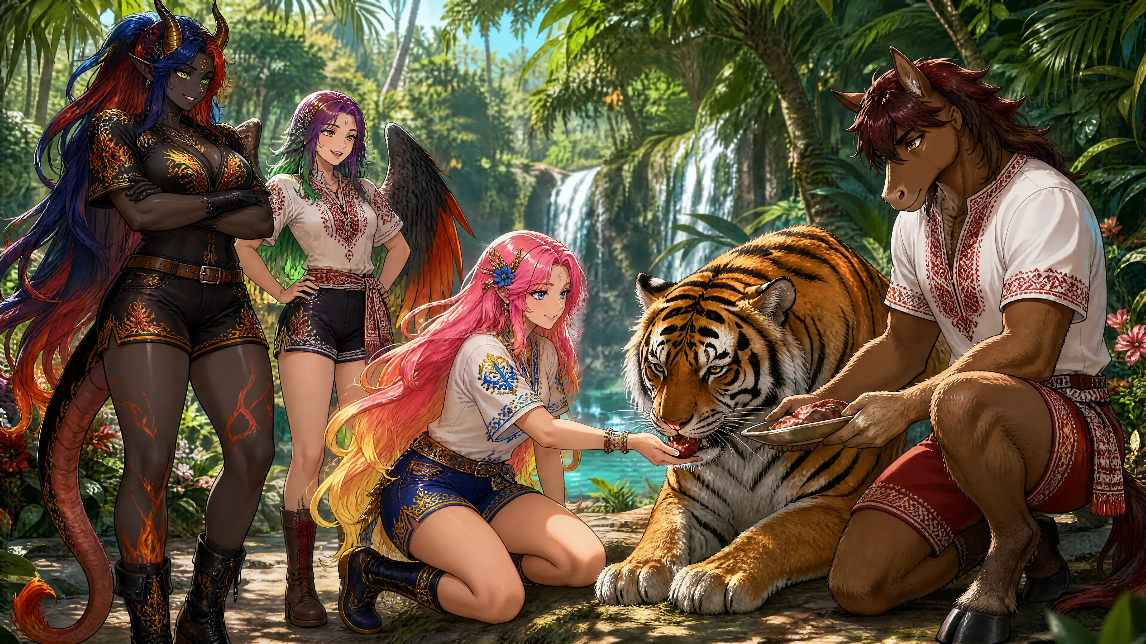 Mujeres de fantasía y amigos alimentando a un tigre en la jungla