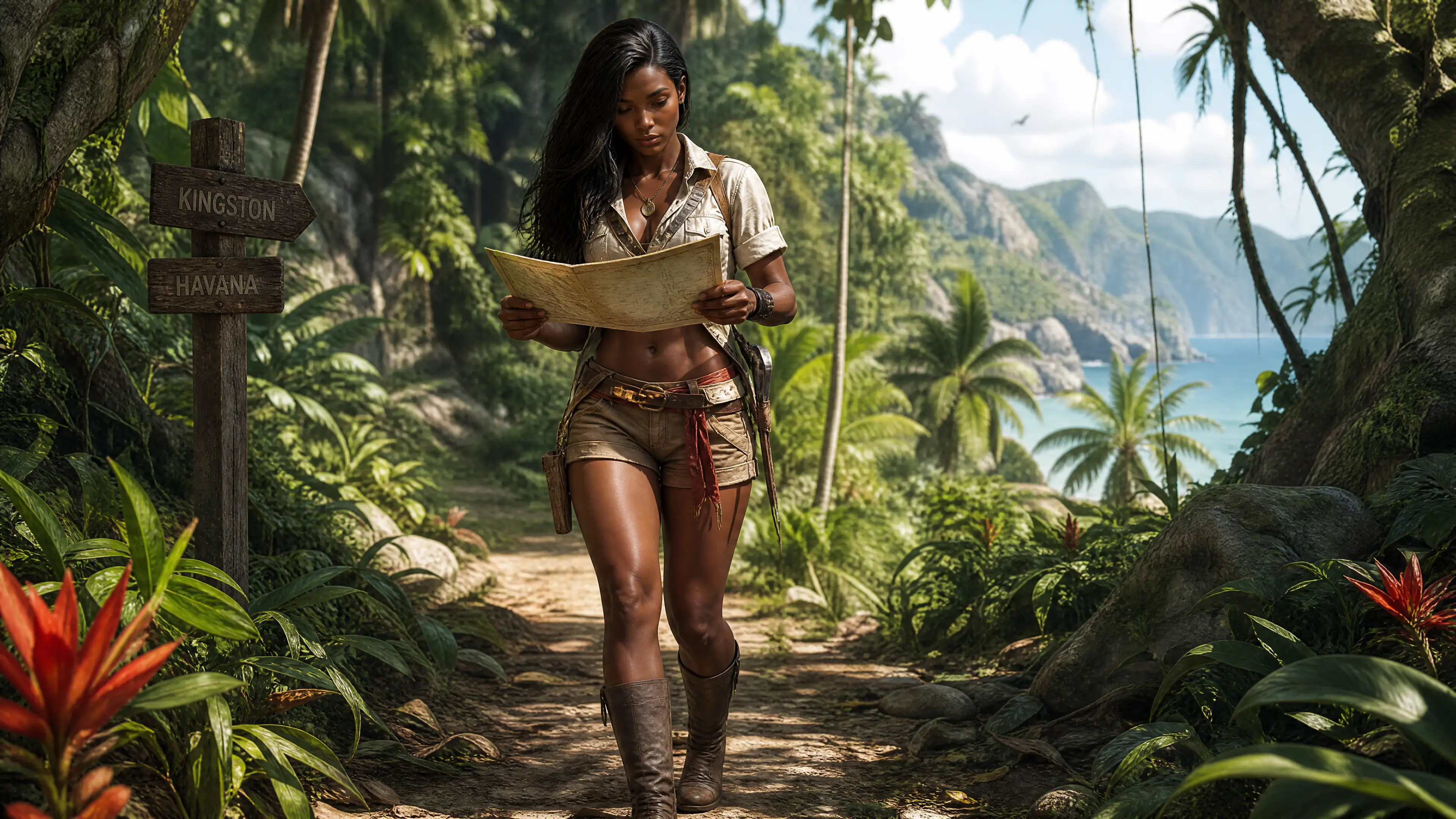 Mujer atlética leyendo un mapa en la selva tropical