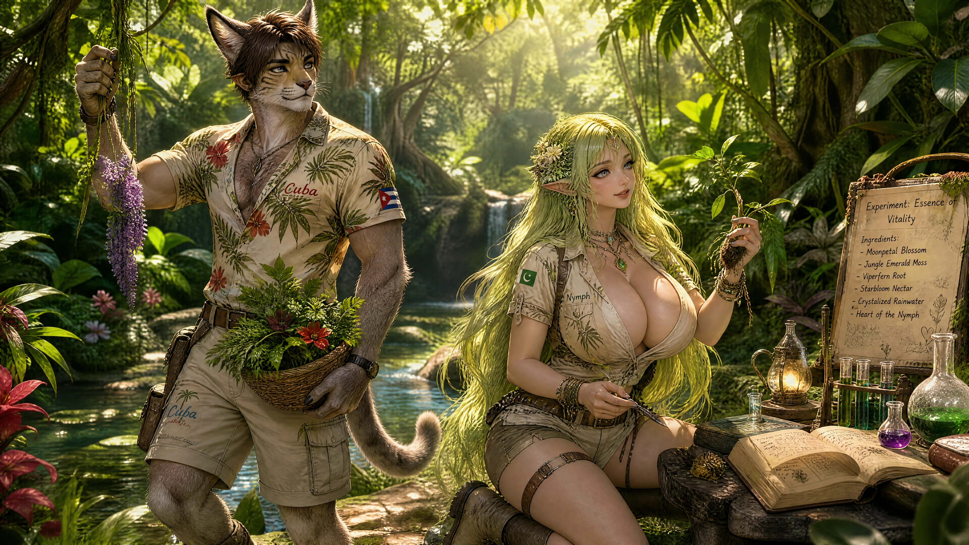 Coppia fantasy che raccoglie risorse in una giungla tropicale