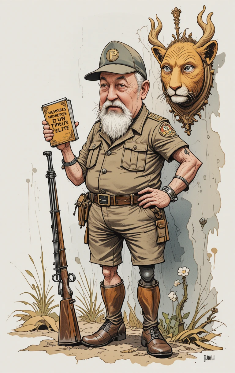 Arrogant one eyed old hunter in vintage cartoon style