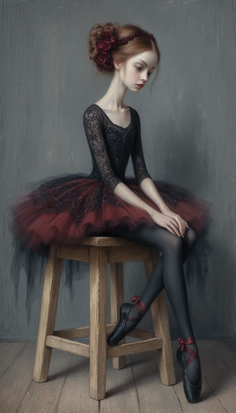 Ballerine gothique mélancolique sur un tabouret en bois usé