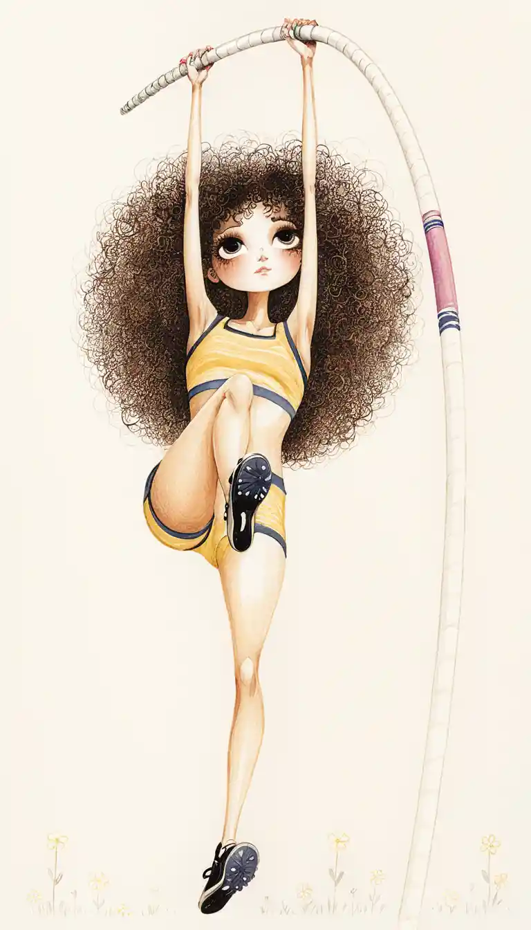 Ilustração estilizada de mulher no salto com vara em pleno ar, vista frontal