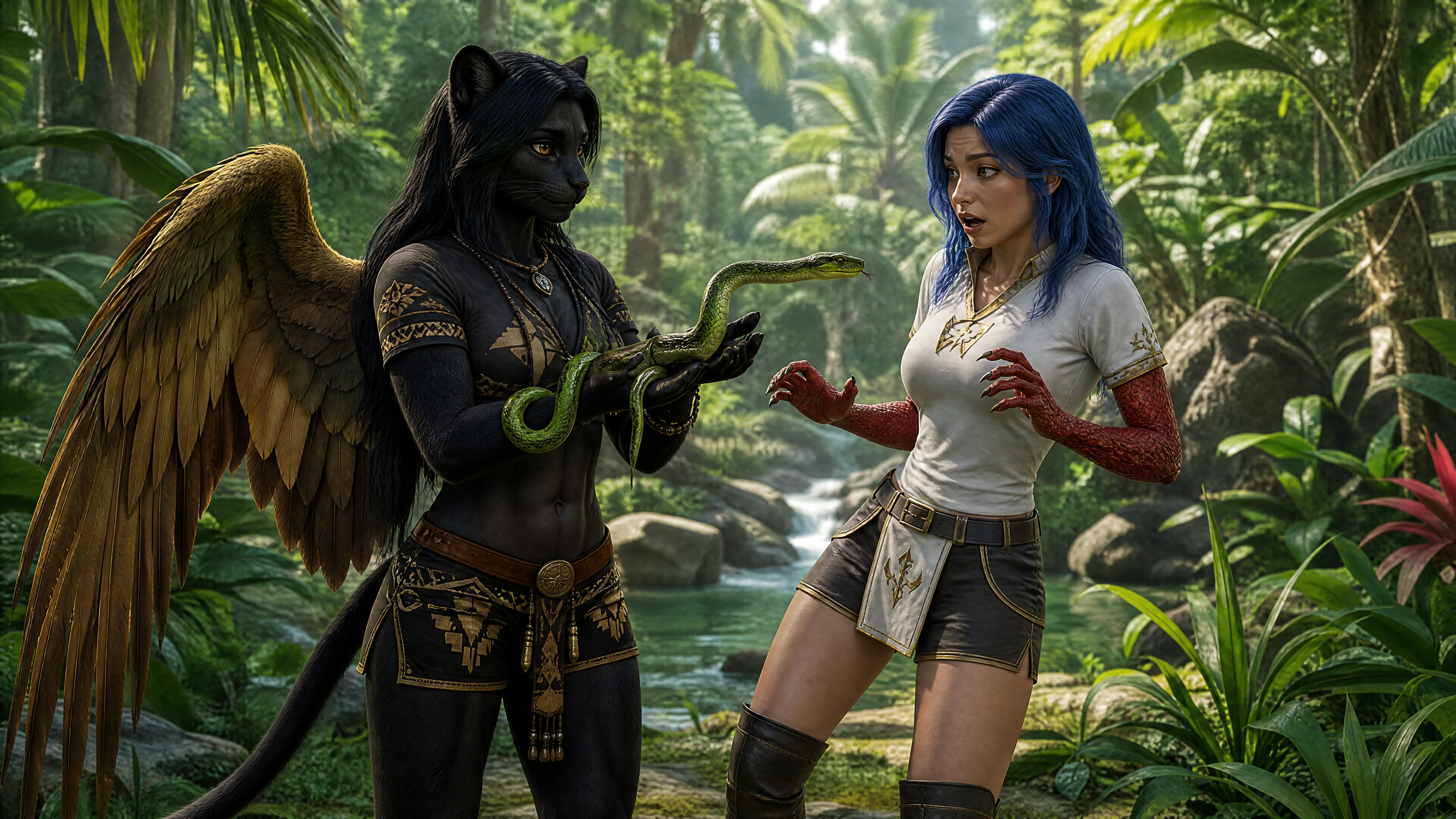 Femme jaguar amazonienne tenant un serpent dans la jungle