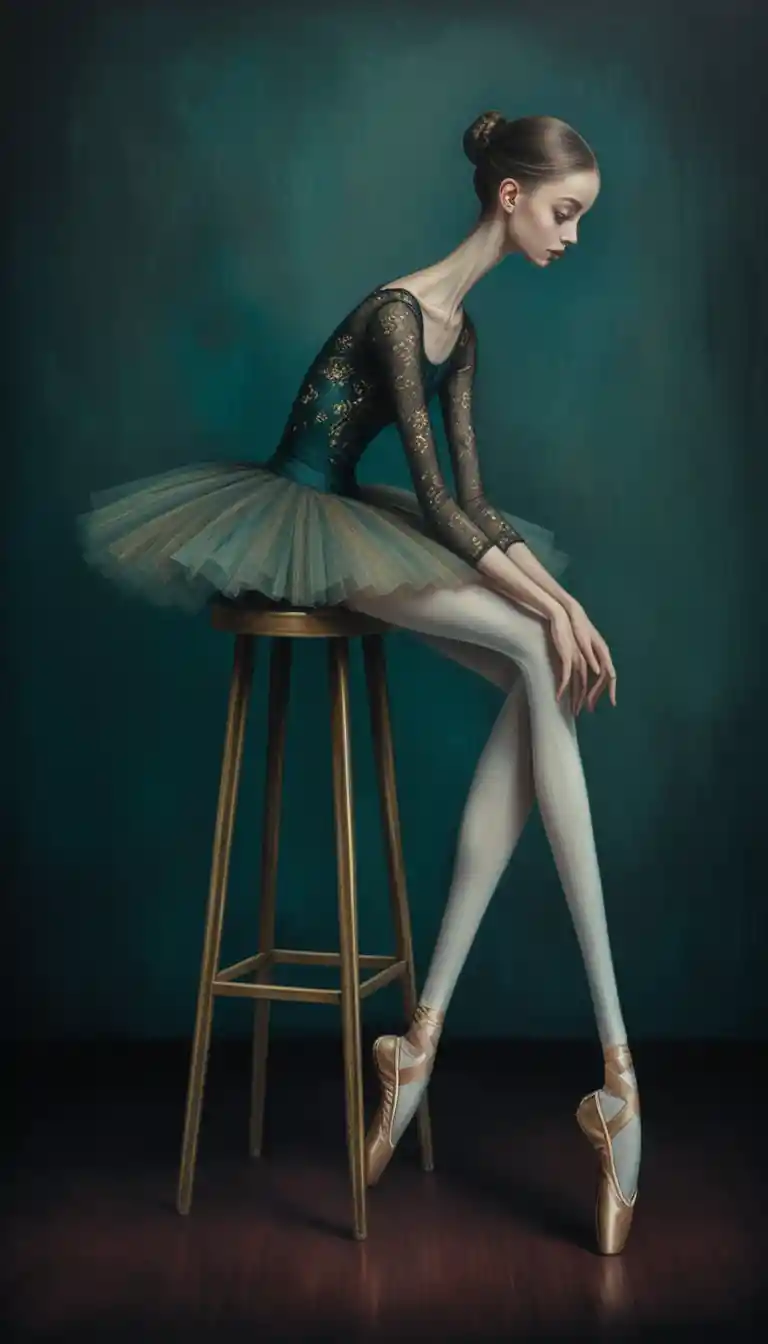 Bailarina surrealista de extremidades alargadas descansando sobre un taburete