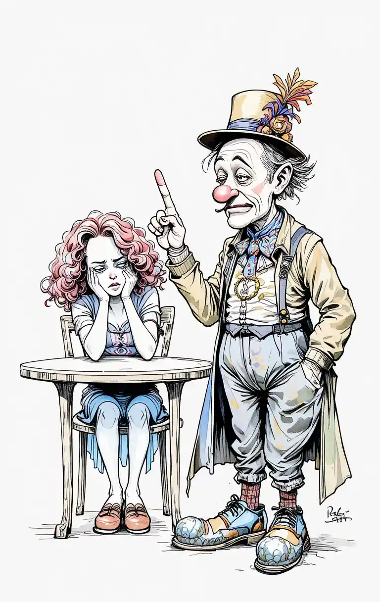 Mies gelaunter Clown konfrontiert weinende Frau in markanter Strichzeichnung