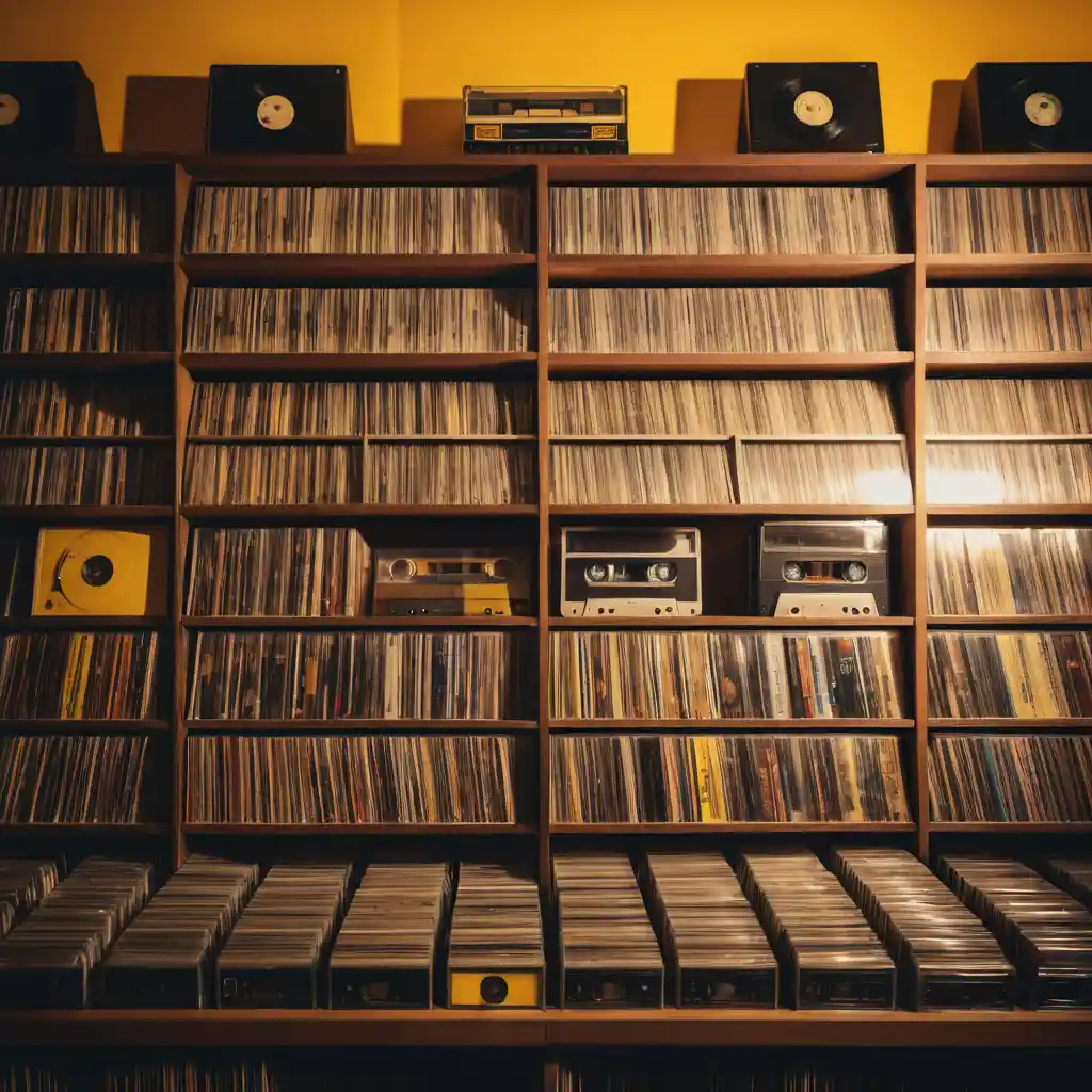 Étagère de disquaire vintage remplie de vinyles et de cassettes