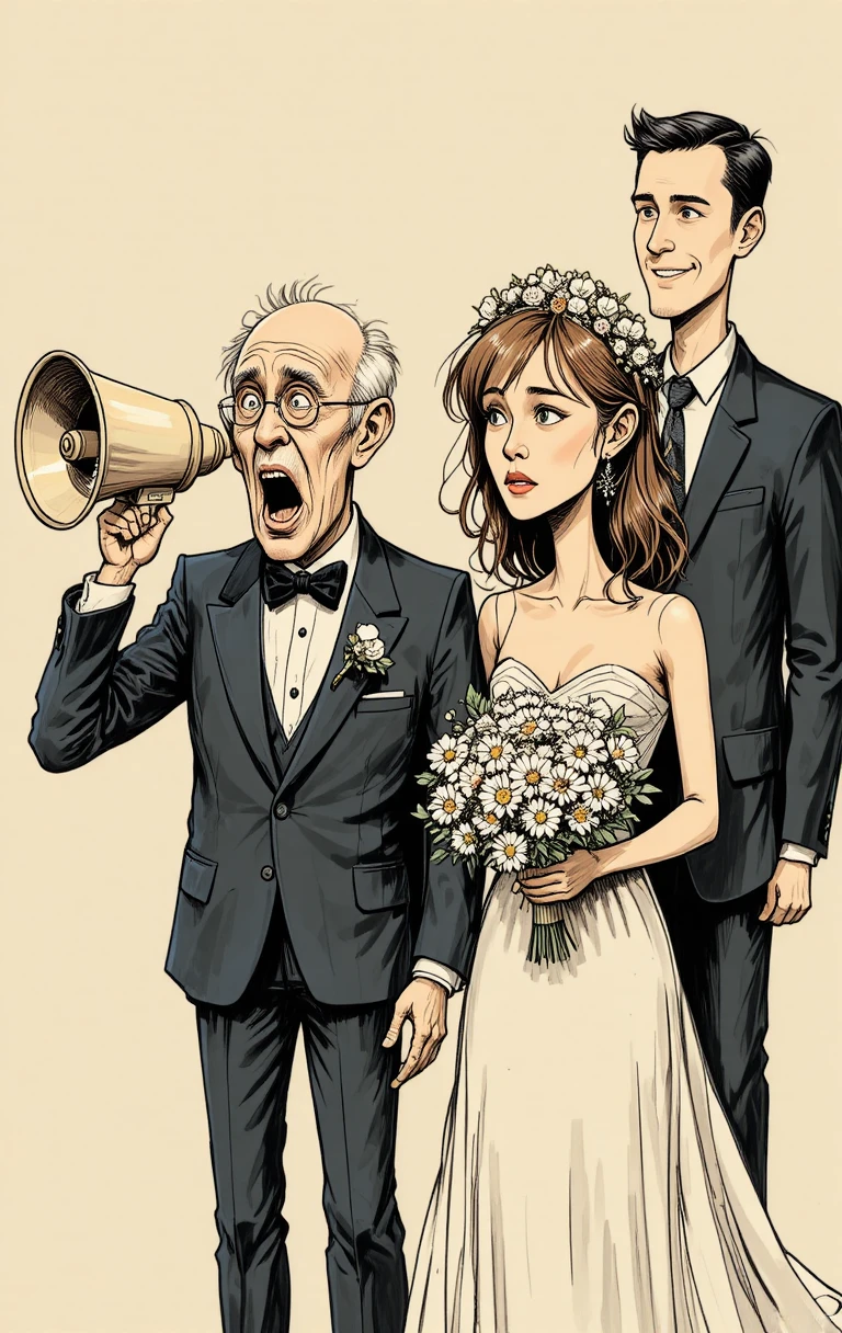Mariage Humoristique en Dessin Animé avec Vieux Marié et Jeune Mariée