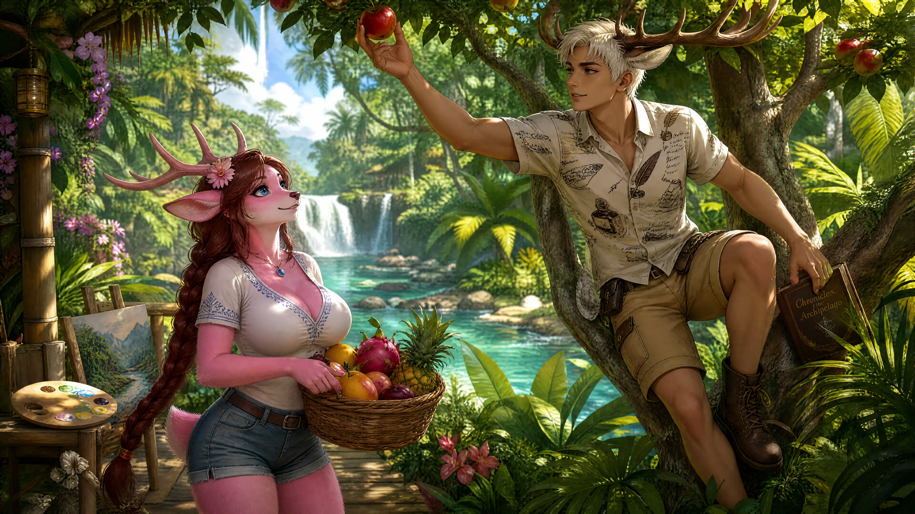 Artista cierva antropomórfica con cesta de frutas tropicales en la jungla