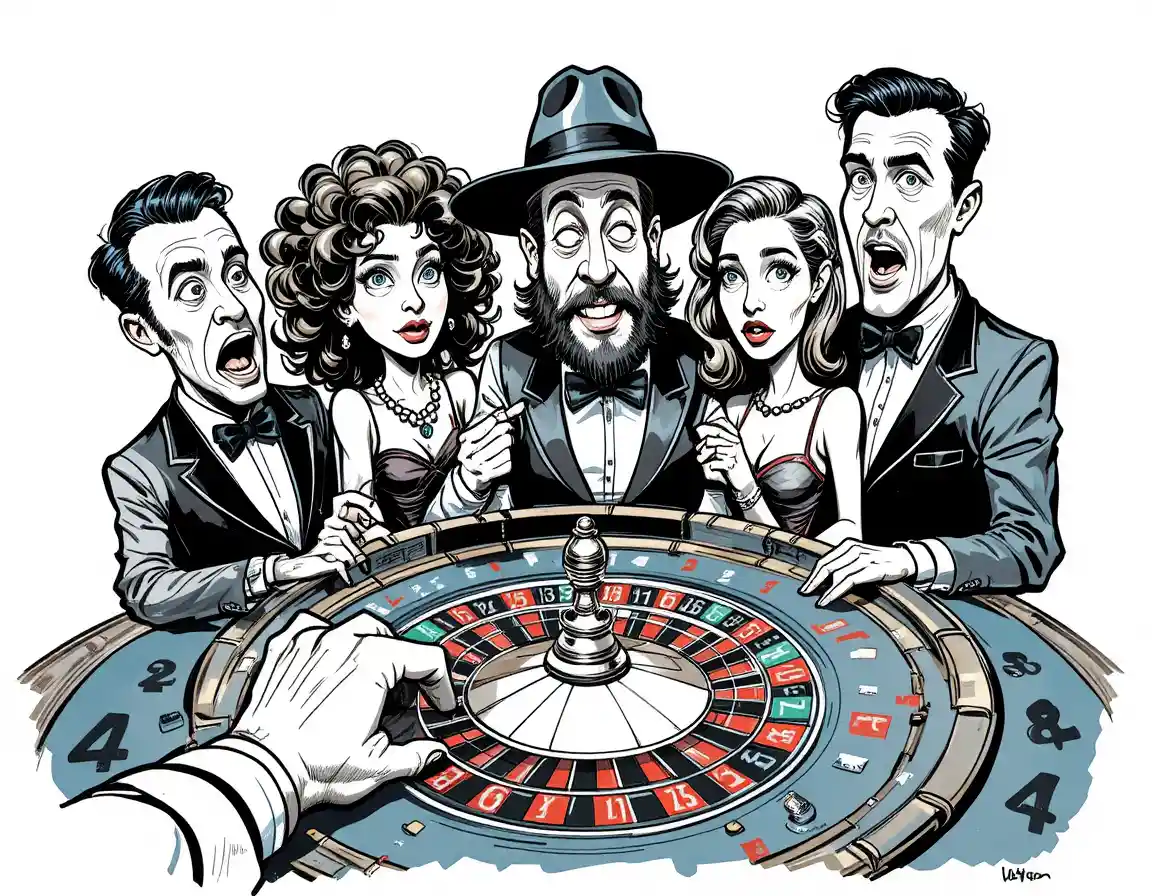 Scène de casino en dessin animé avec cinq personnes à une table de roulette
