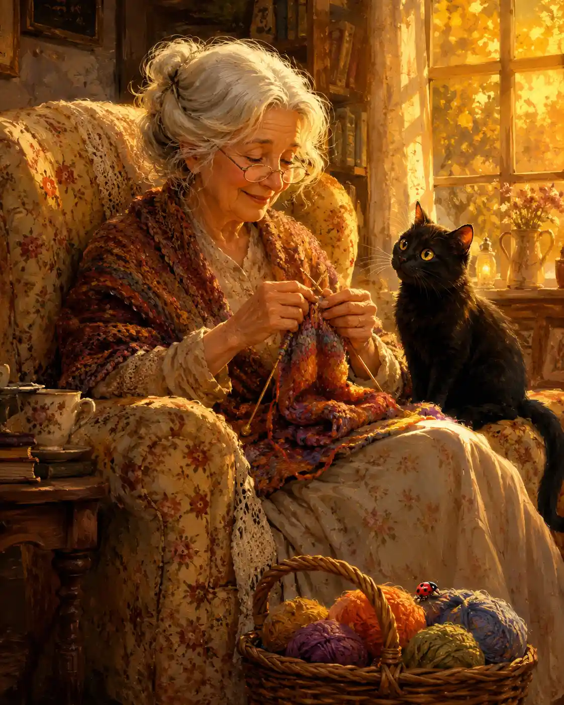 Grand-mère tricotant à la maison près d’un chat noir curieux