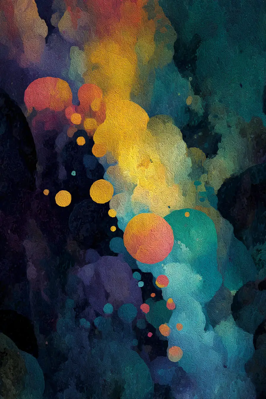 Ilustración órfica abstracta y colorida con formas índigo en espiral