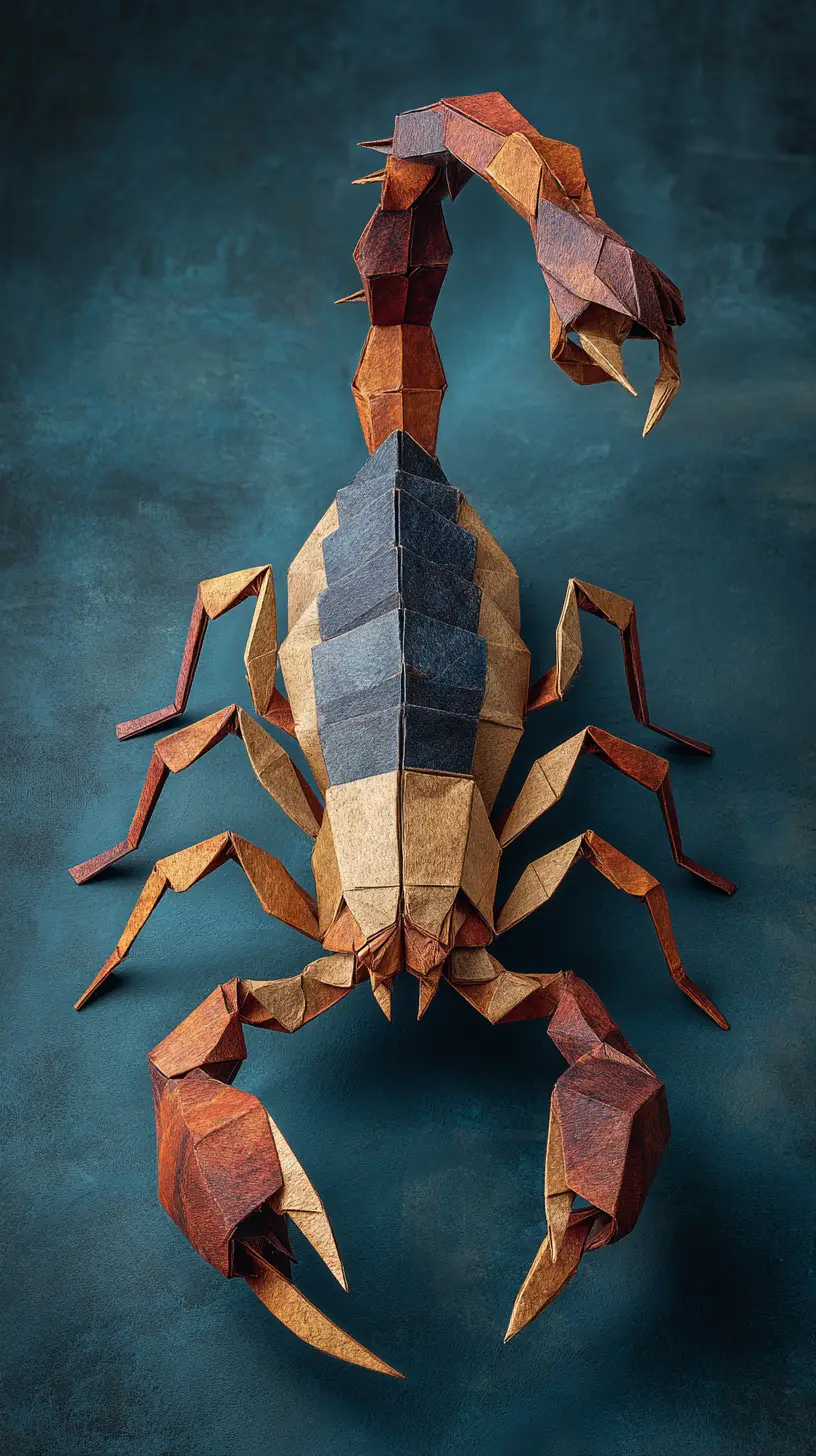 Intricada escultura de escorpión de papel sobre fondo teal oscuro texturizado