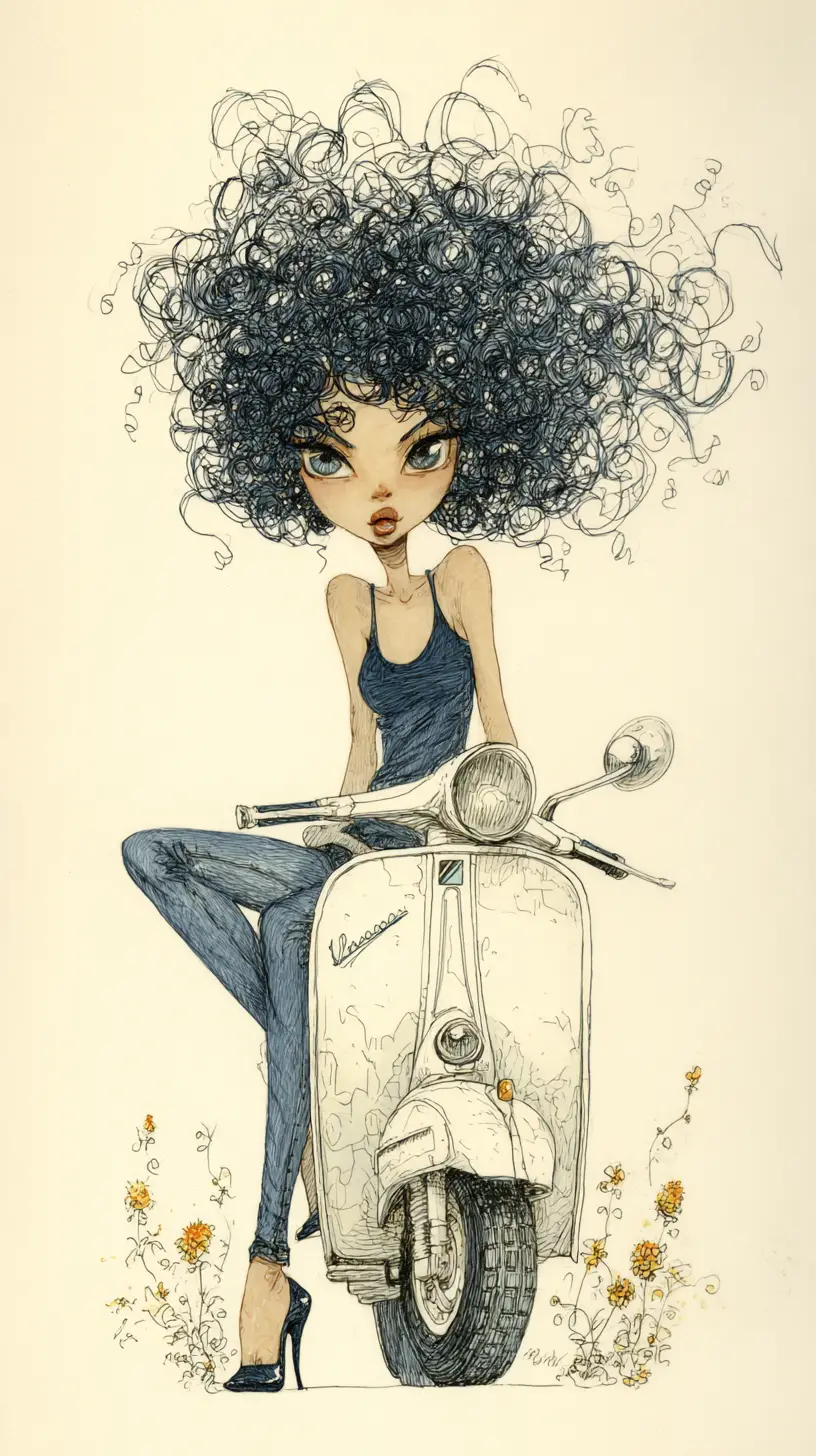 Mujer estilizada en scooter vintage con cabello rizado y salvaje