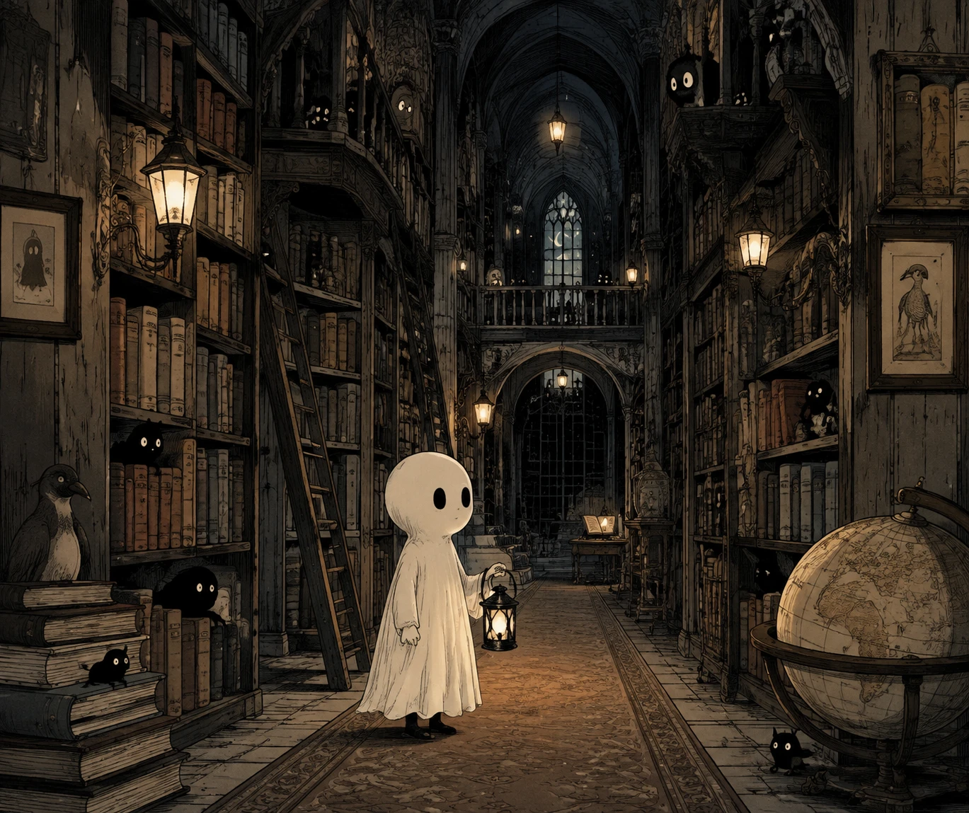 Tiny ghost child with lantern in an endless dark library