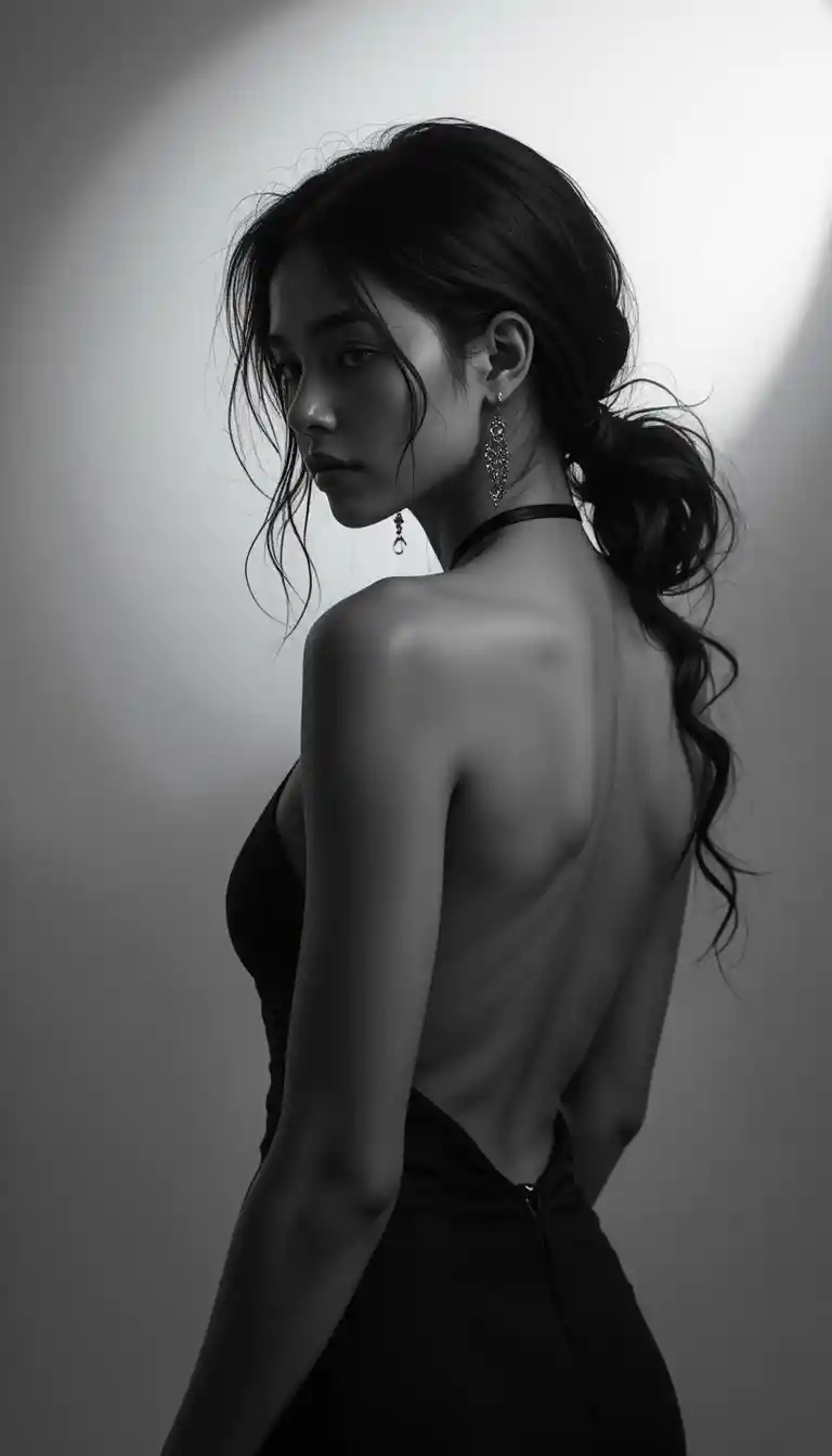 Retrato dramático em preto e branco de uma mulher de perfil