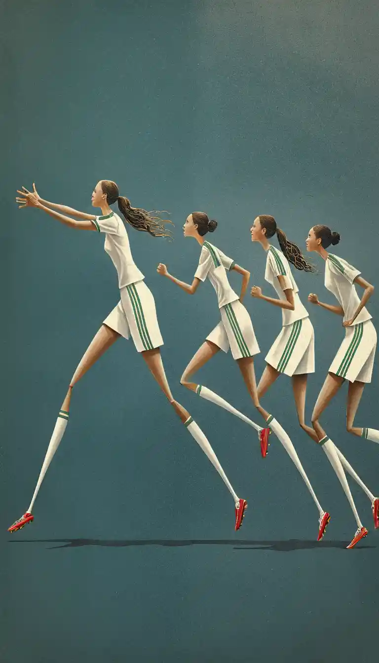 Futbolistas femeninas alargadas corriendo en formación surrealista