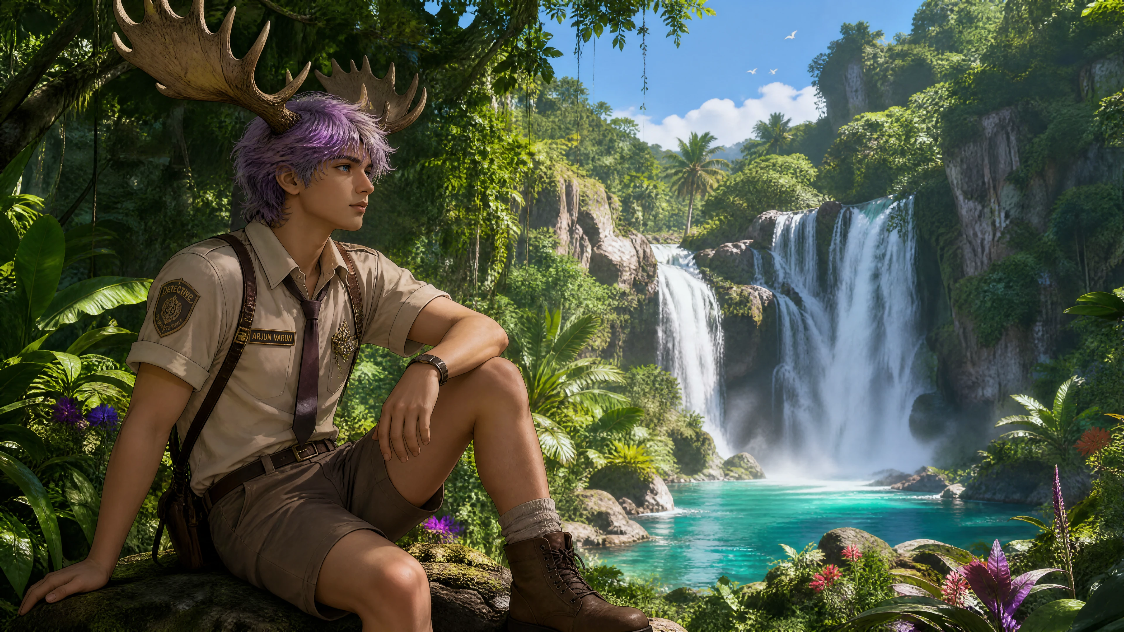 Homem fantástico com chifres observando cachoeira na selva
