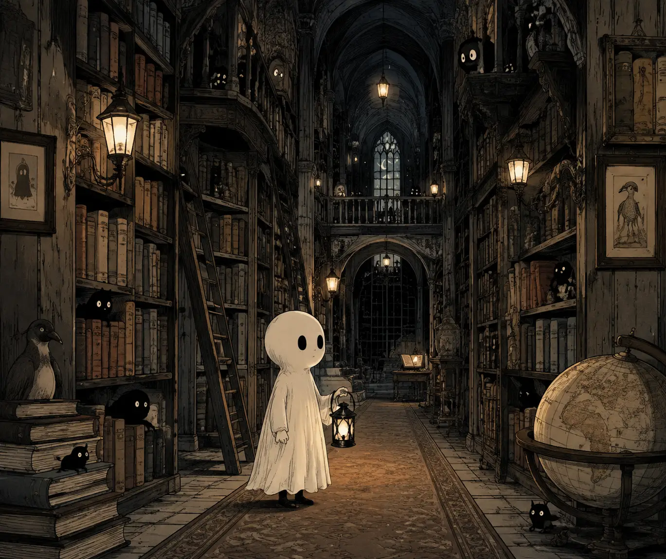 Petit enfant fantôme avec lanterne dans une bibliothèque sombre et infinie