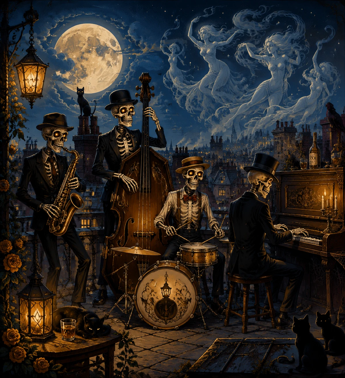 Skeleton jazz band playing under the moon on a rooftop