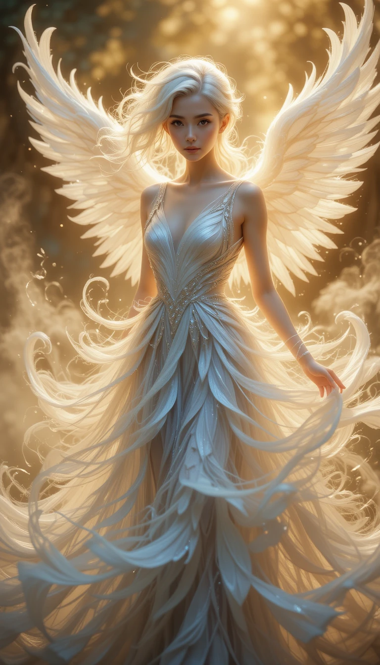 Mulher angelical etérea em vestido esvoaçante de plumas