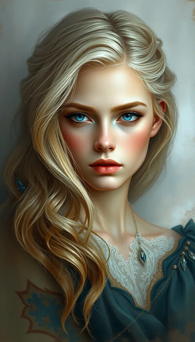 Retrato al óleo de una joven rubia sobre un fondo suave y brumoso