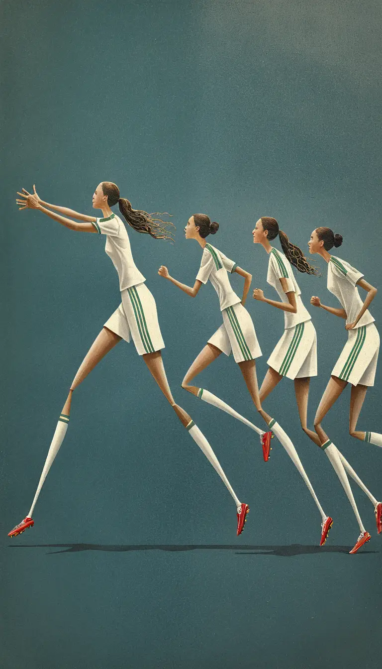Futbolistas femeninas alargadas corriendo en formación surrealista
