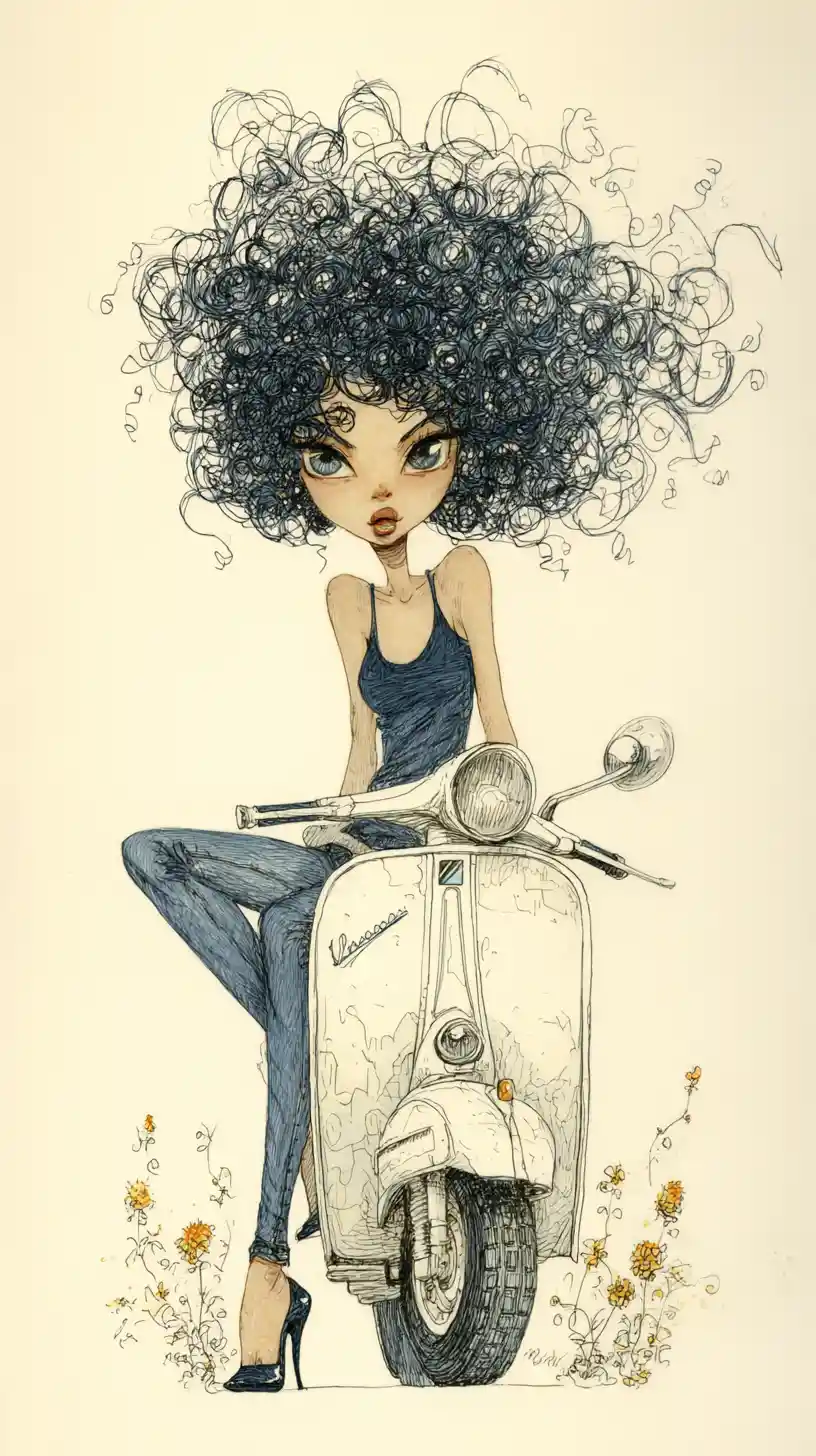 Mujer estilizada en scooter vintage con cabello rizado y salvaje