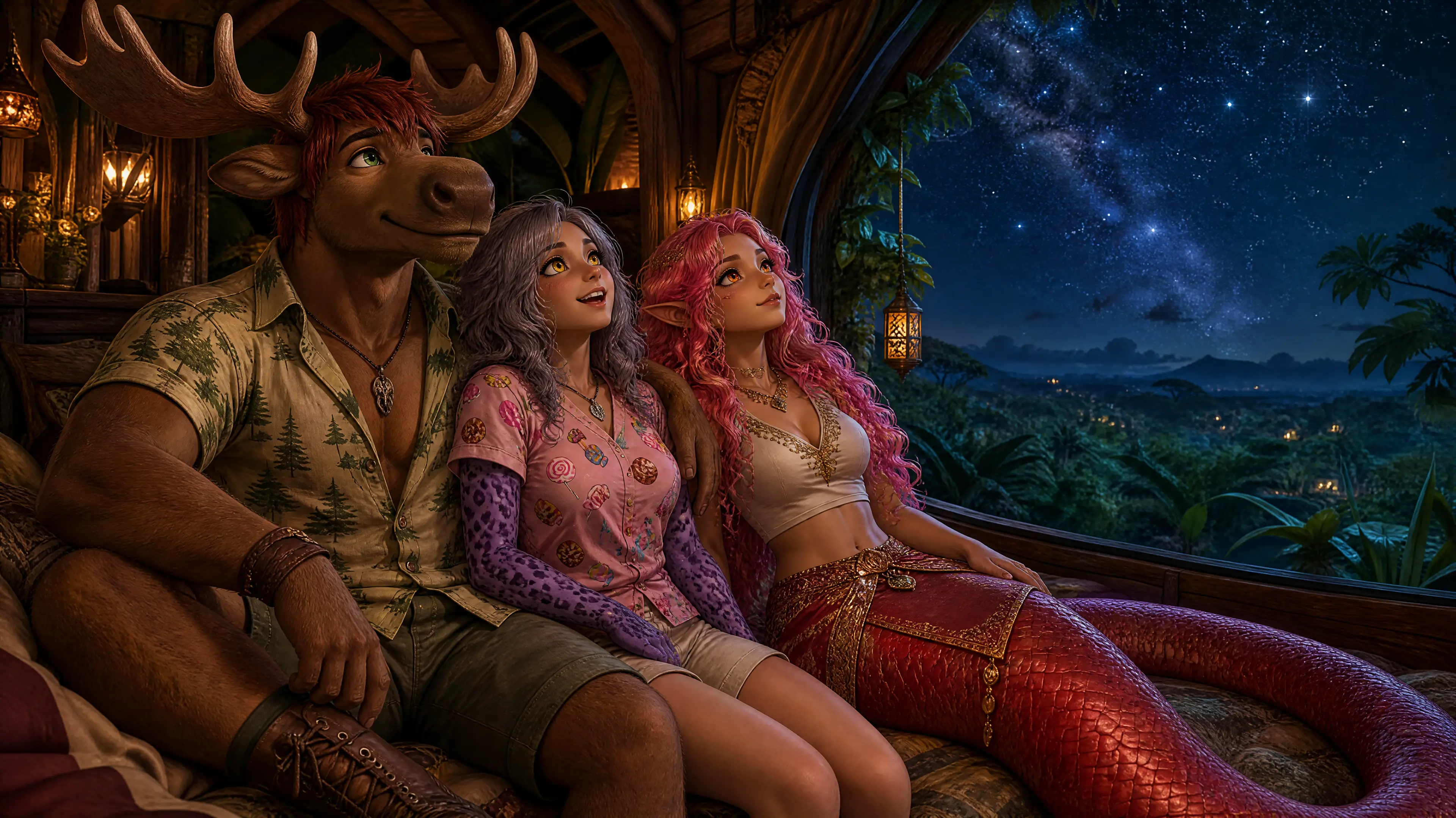 Amigos de fantasía mirando las estrellas desde la ventana de una casa en el árbol en la jungla