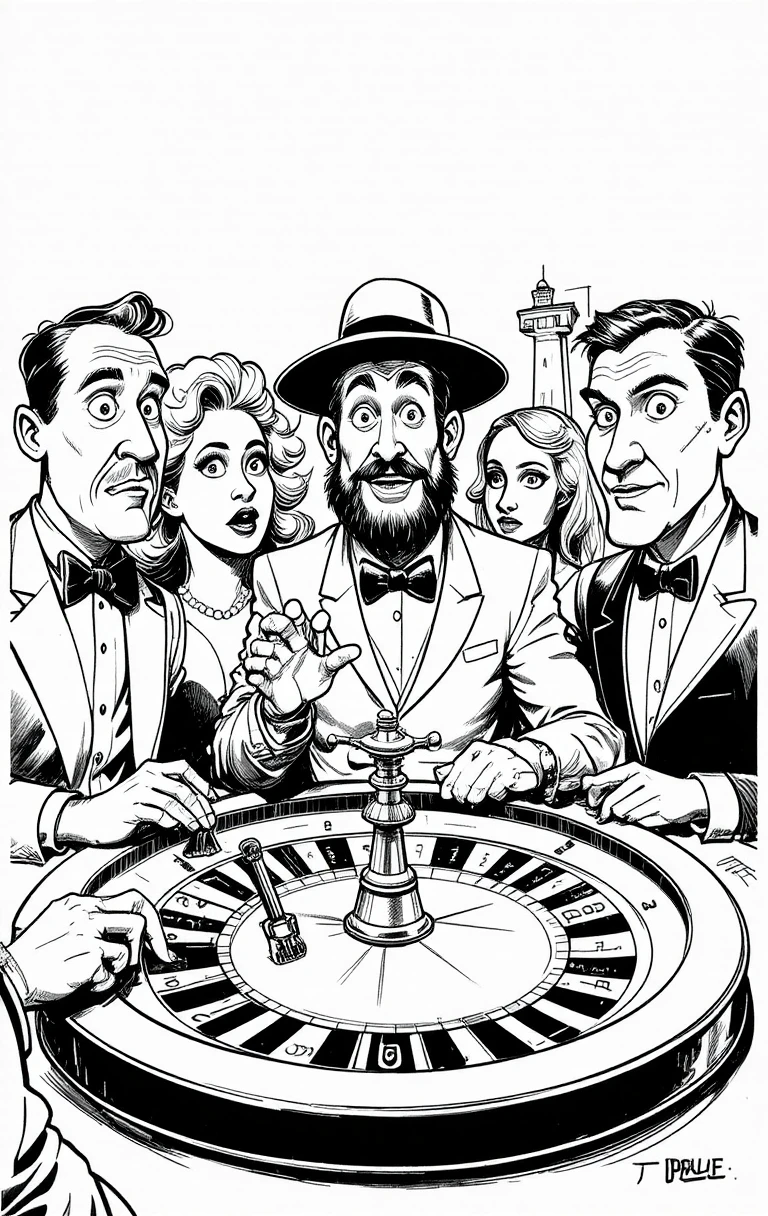 Foule de casino façon dessin animé autour d’une table de roulette animée