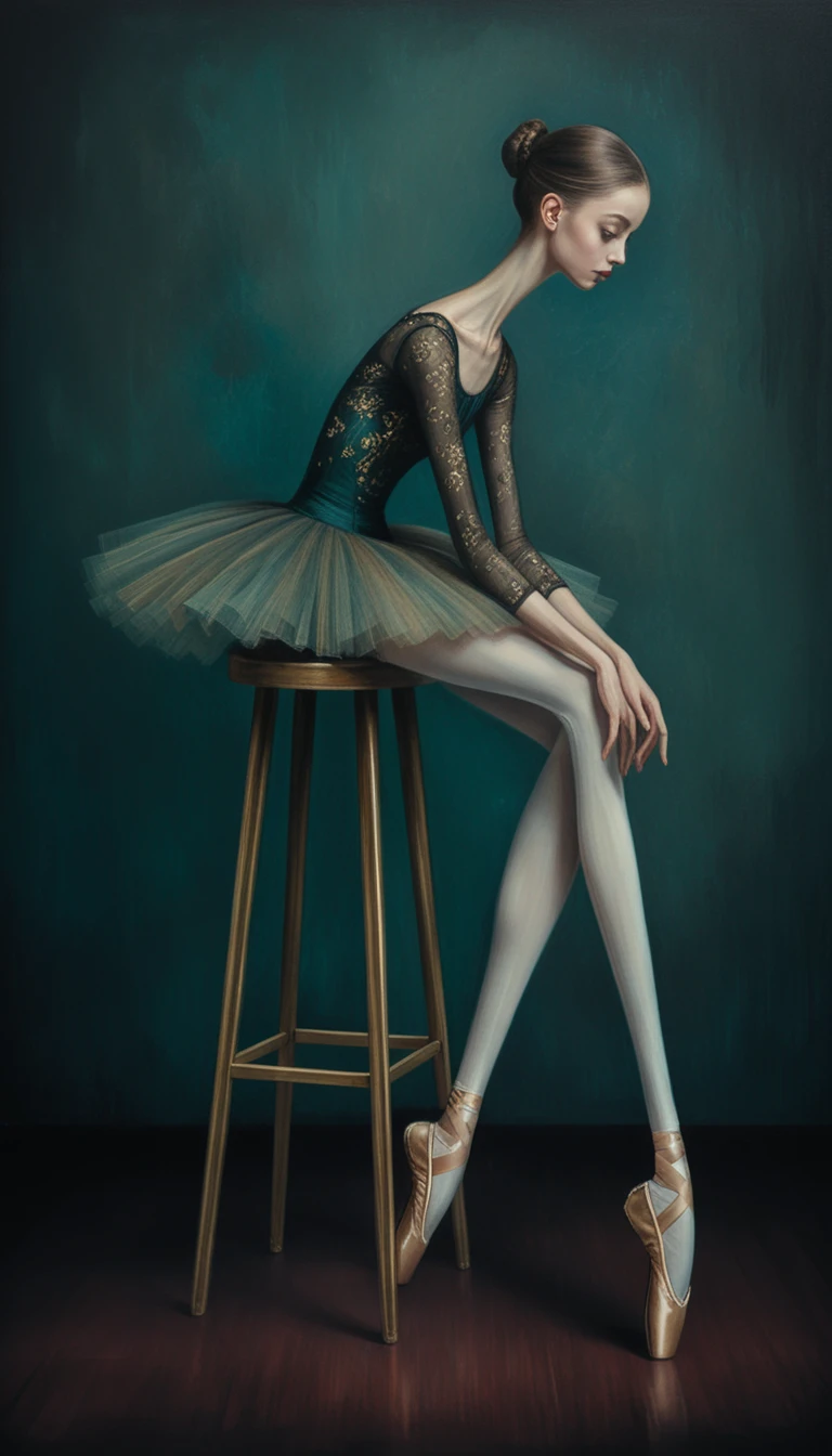 Ballerine surréaliste aux membres allongés reposant sur un tabouret