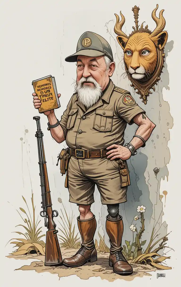 Arrogant one eyed old hunter in vintage cartoon style