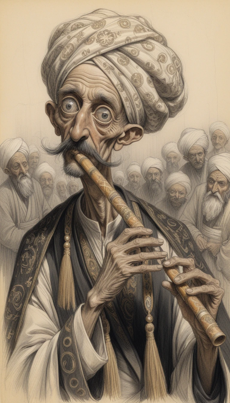 Caricatura gótica de un viejo flautista egipcio con ojos enormes