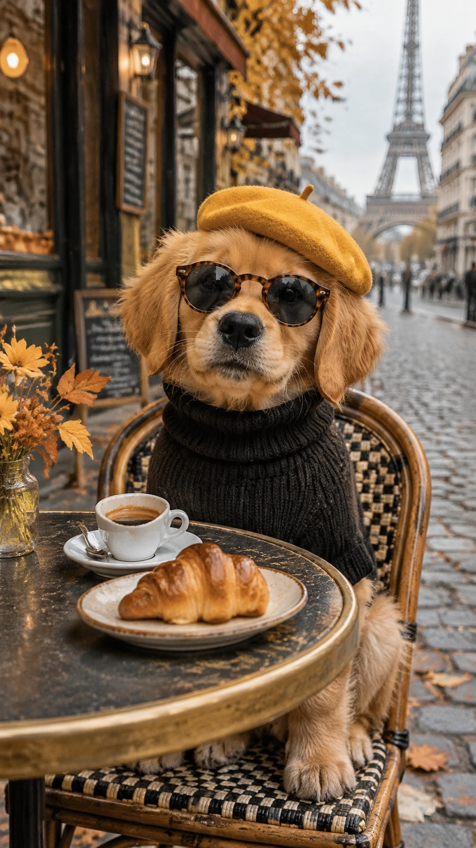 Cucciolo di golden retriever alla moda a un tavolino di un caffè parigino
