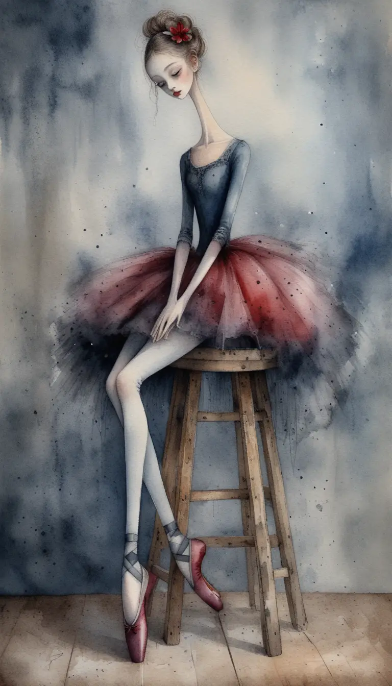 Ballerine gothique mélancolique sur un tabouret en bois parmi les ruines